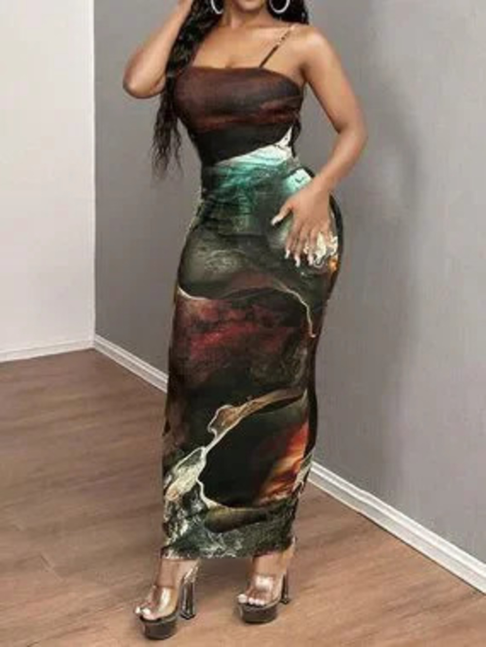 ZARA Multicolor Sexy Women's Fitted Maxi Marble Print Cami Dress